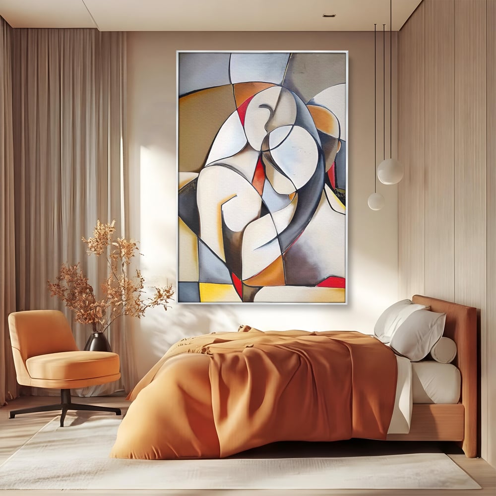 Tablou canvas cu tablou pictura cuplu imbratisat, in rama de aluminiu argintiu, pe perete intr-un dormitor